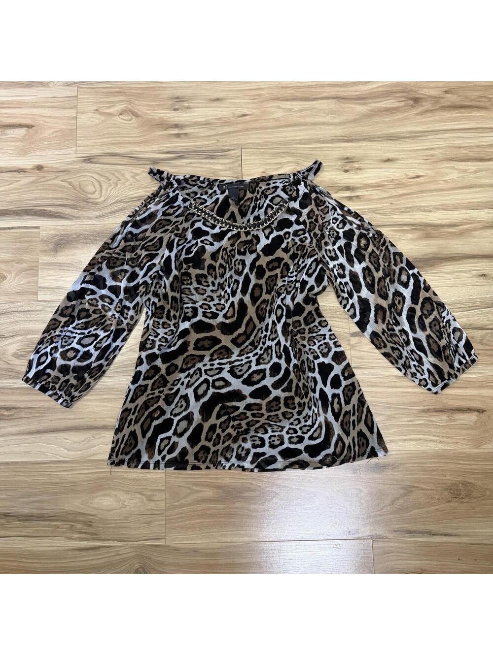 INC International Concepts Leopard Cold Shoulder Chain Top Size L